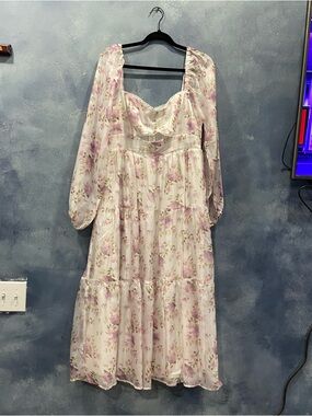 Lulu's Cream and Light Pink Floral Long Sleeve Midi Dress